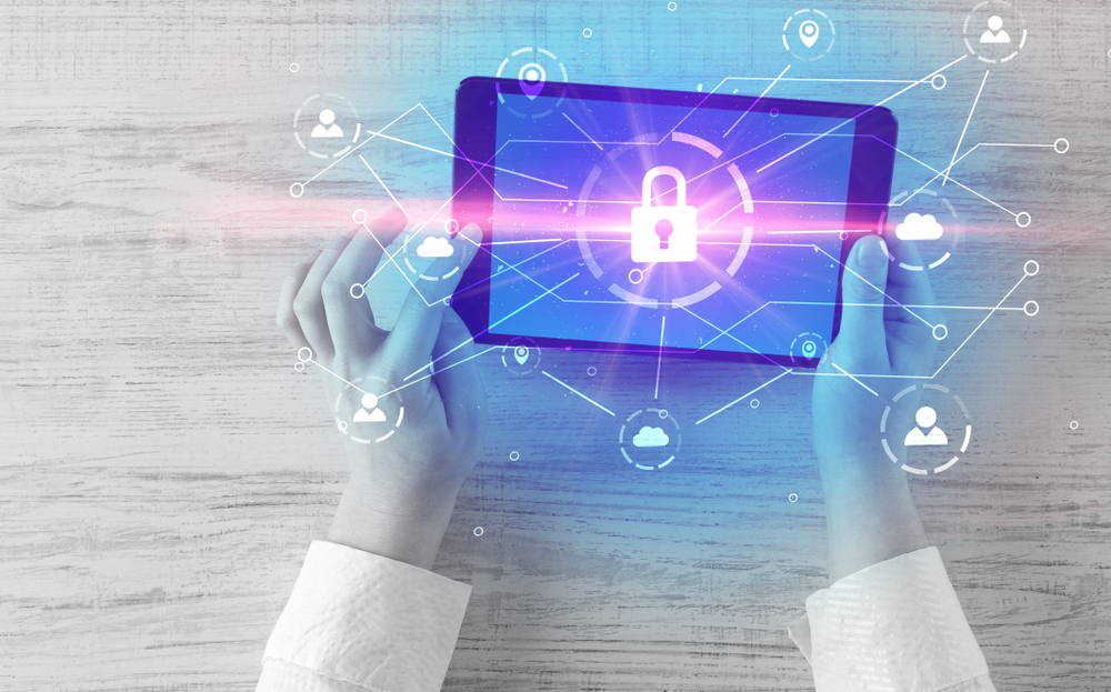 Hand touching online network security button and cloud, connection and contact concept Hand touching online network security button and cloud, connection and contact concept